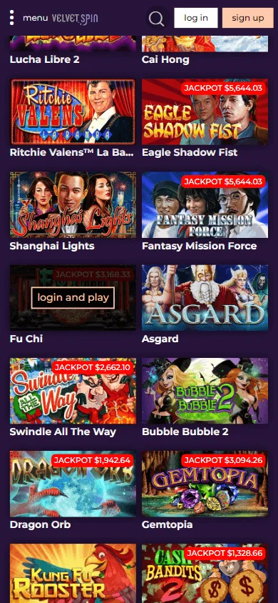 Velvet Spin Casino mobile browser game library with live dealer play