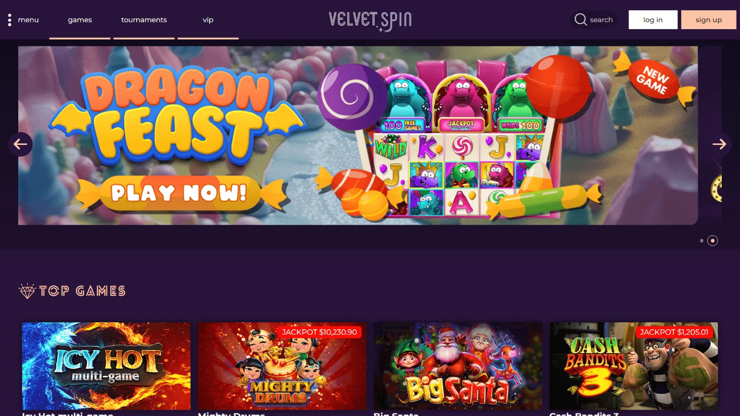 Velvet Spin Casino desktop home experience with the welcome offer