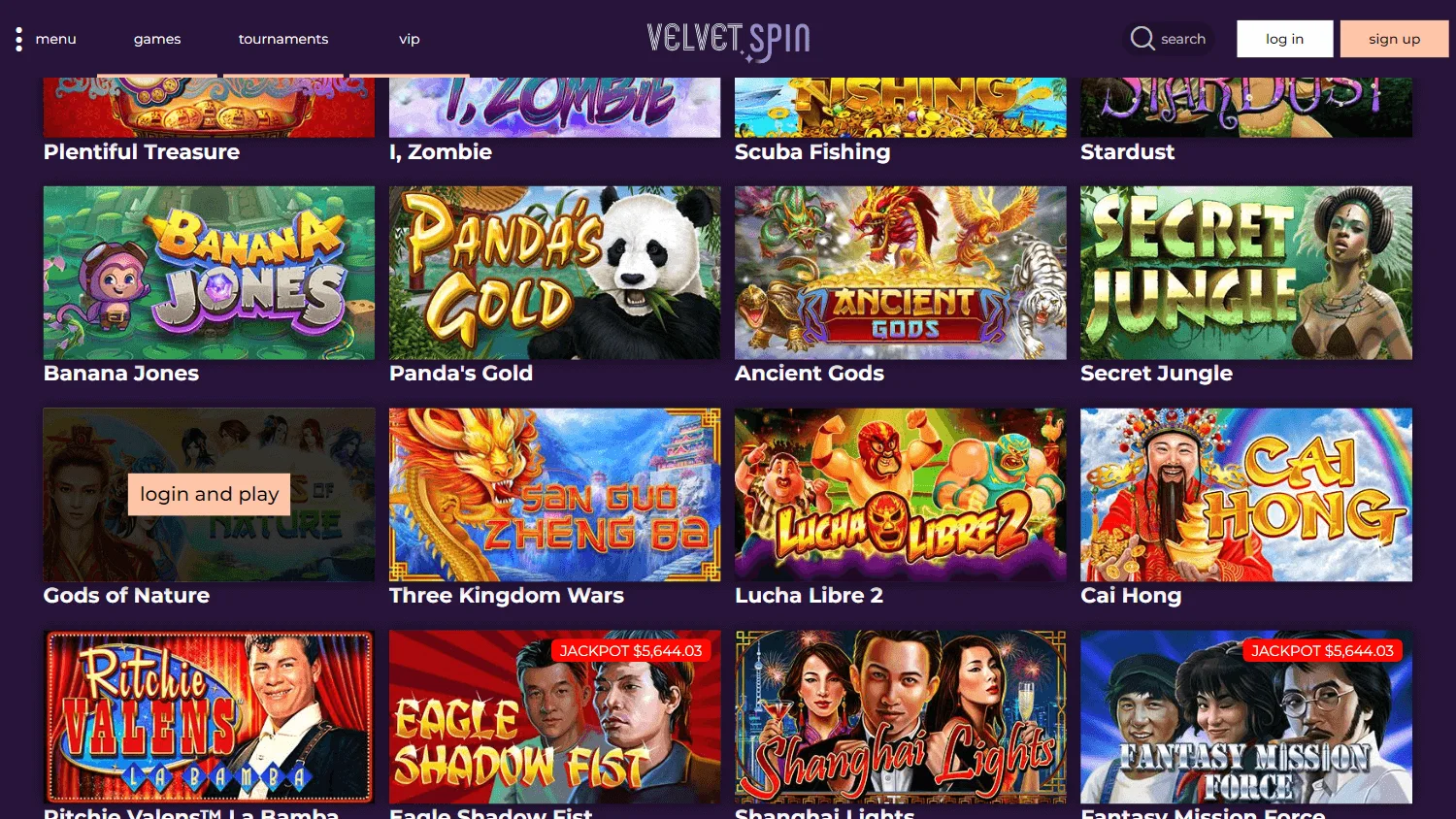 Velvet Spin Casino desktop game selection with Pokies and live dealer options
